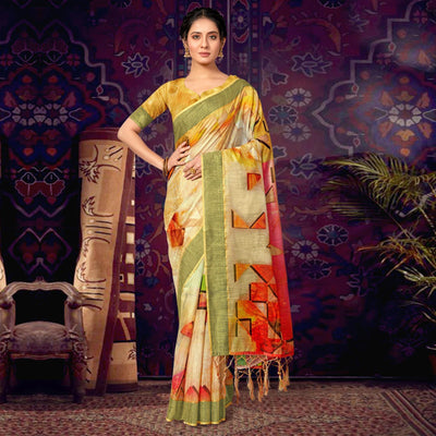 Cream Casual Wear Geometric Soft Cotton Saree