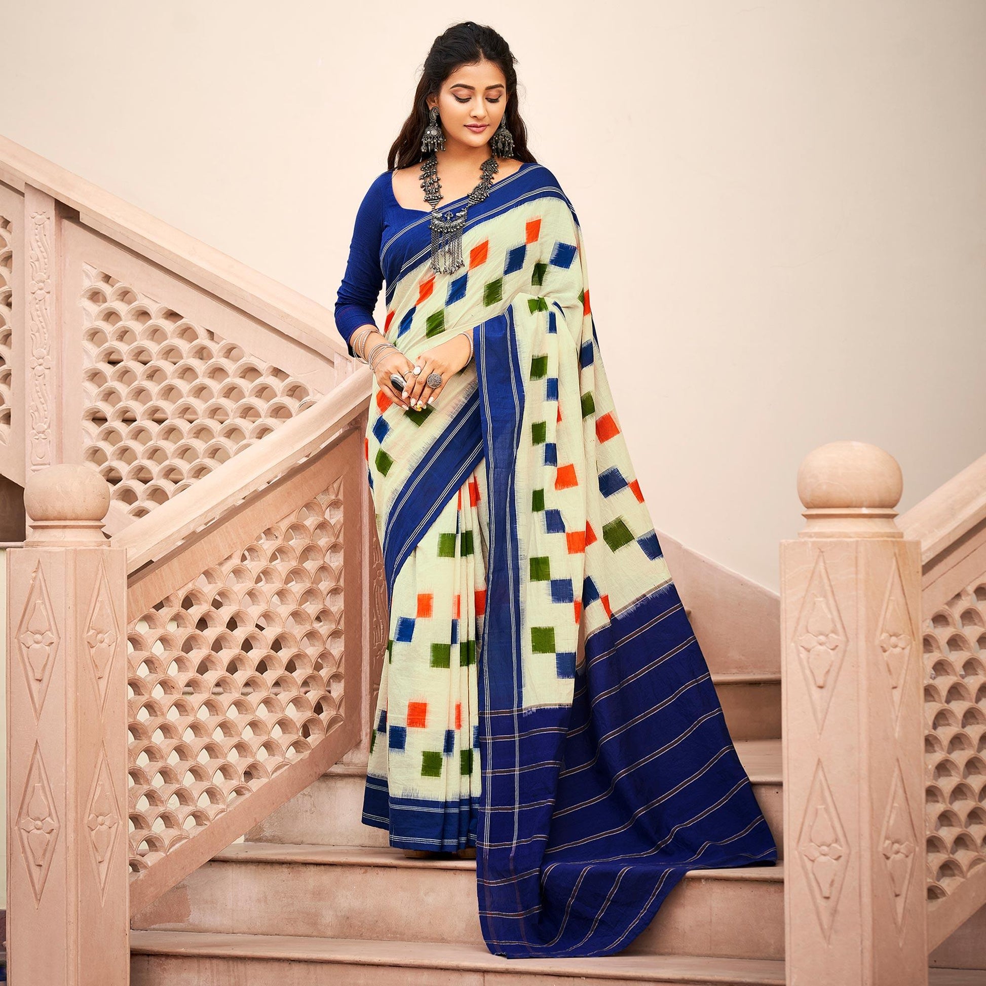 Cream Casual Wear Ikkat Printed Cotton Saree