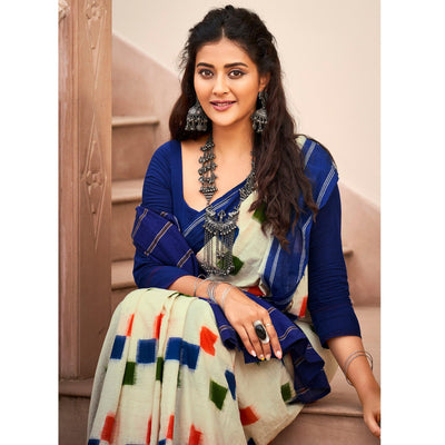 Cream Casual Wear Ikkat Printed Cotton Saree