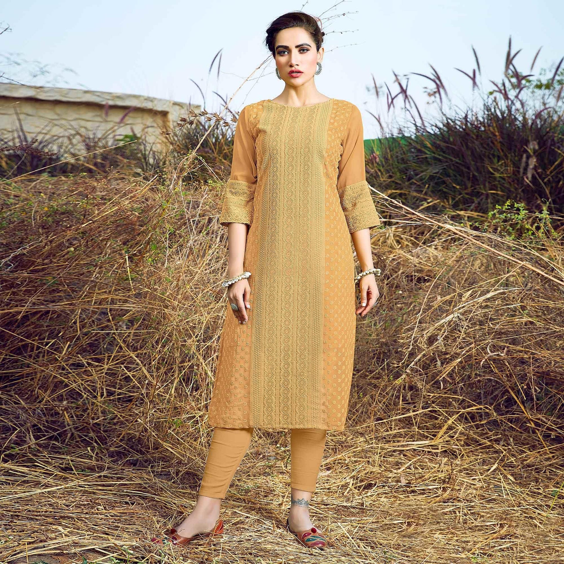 Cream Casual Wear Lucknowi Embroidered Georgette Kurti