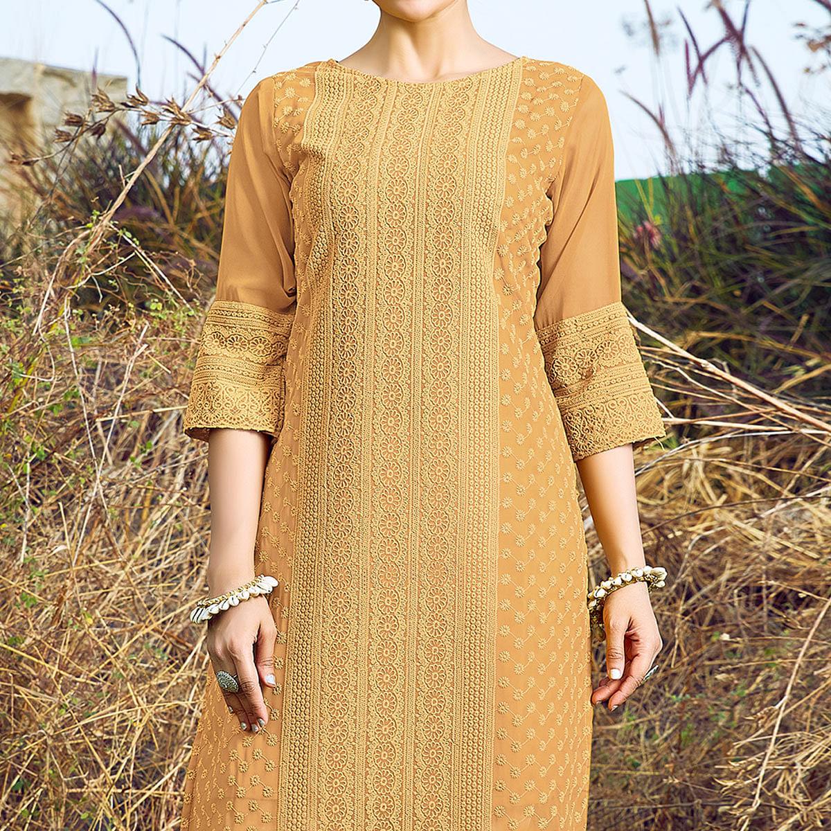 Cream Casual Wear Lucknowi Embroidered Georgette Kurti