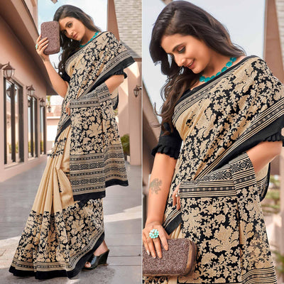 Cream Casual Wear Printed Bhagalpuri Sarees