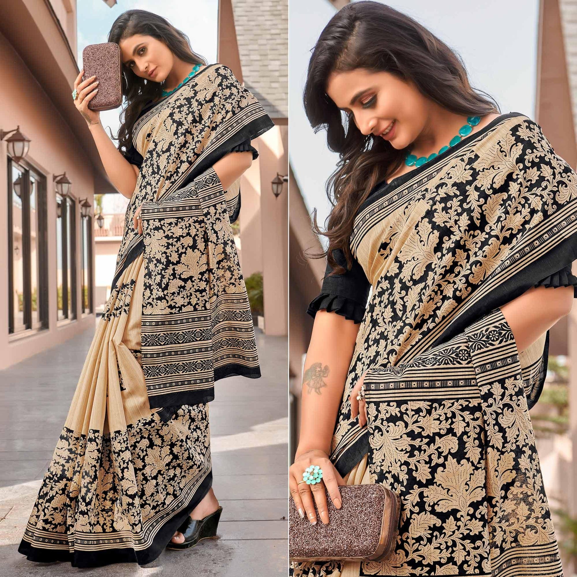 Cream Casual Wear Printed Bhagalpuri Sarees