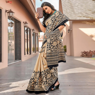 Cream Casual Wear Printed Bhagalpuri Sarees