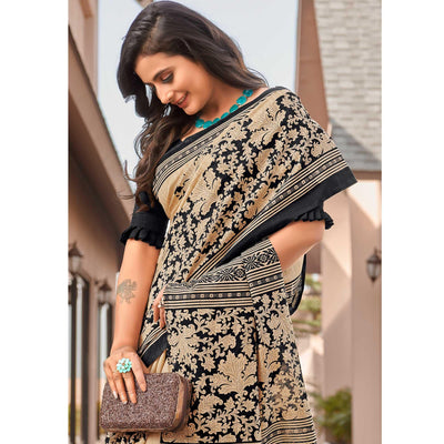 Cream Casual Wear Printed Bhagalpuri Sarees