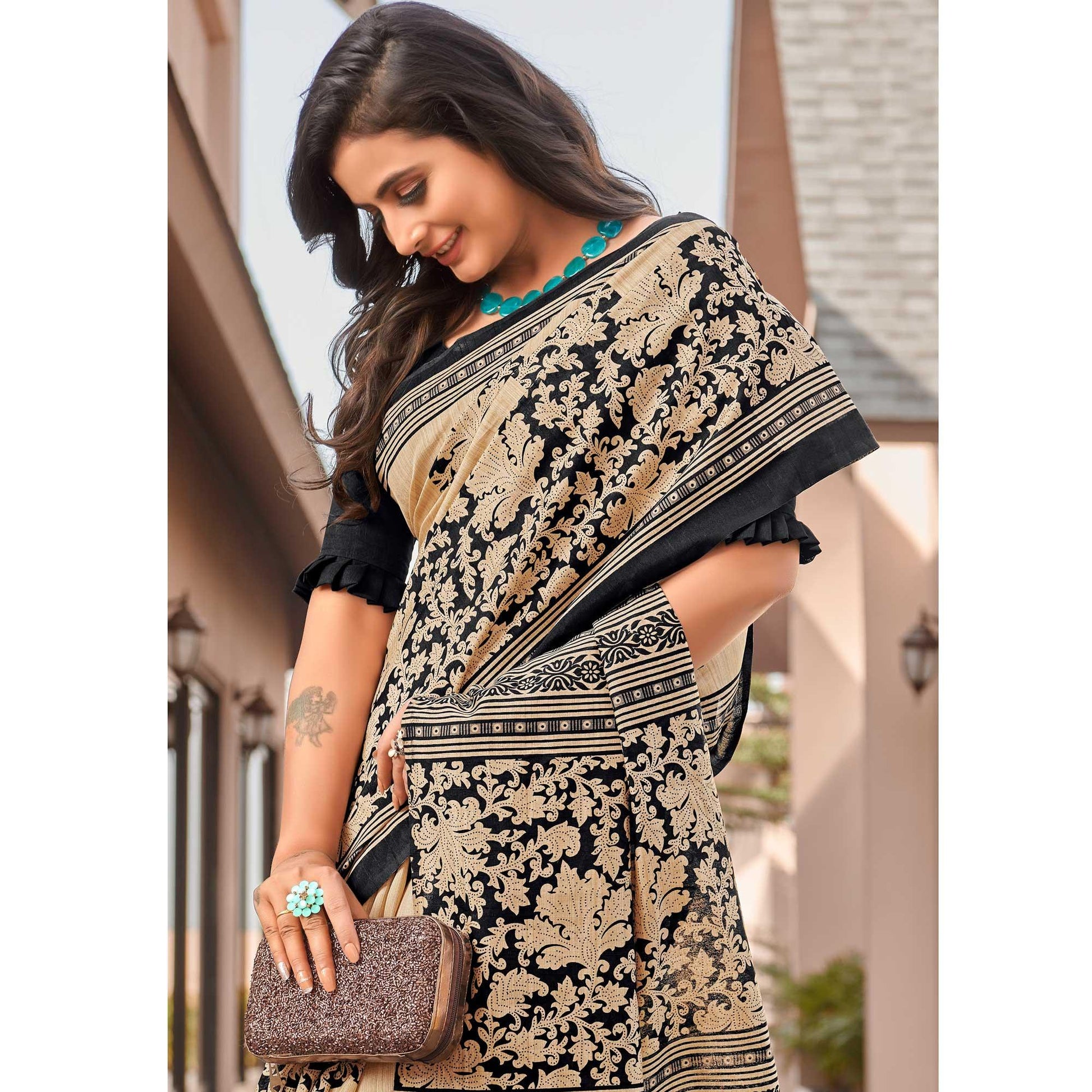 Cream Casual Wear Printed Bhagalpuri Sarees