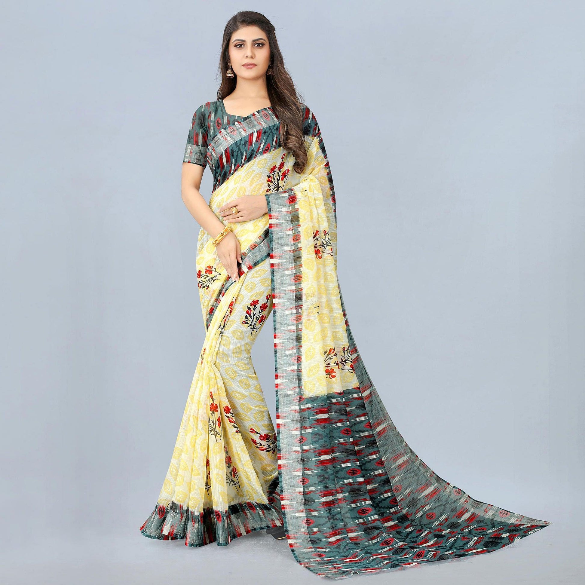 Cream Casual  Wear Printed Chanderi Silk Saree