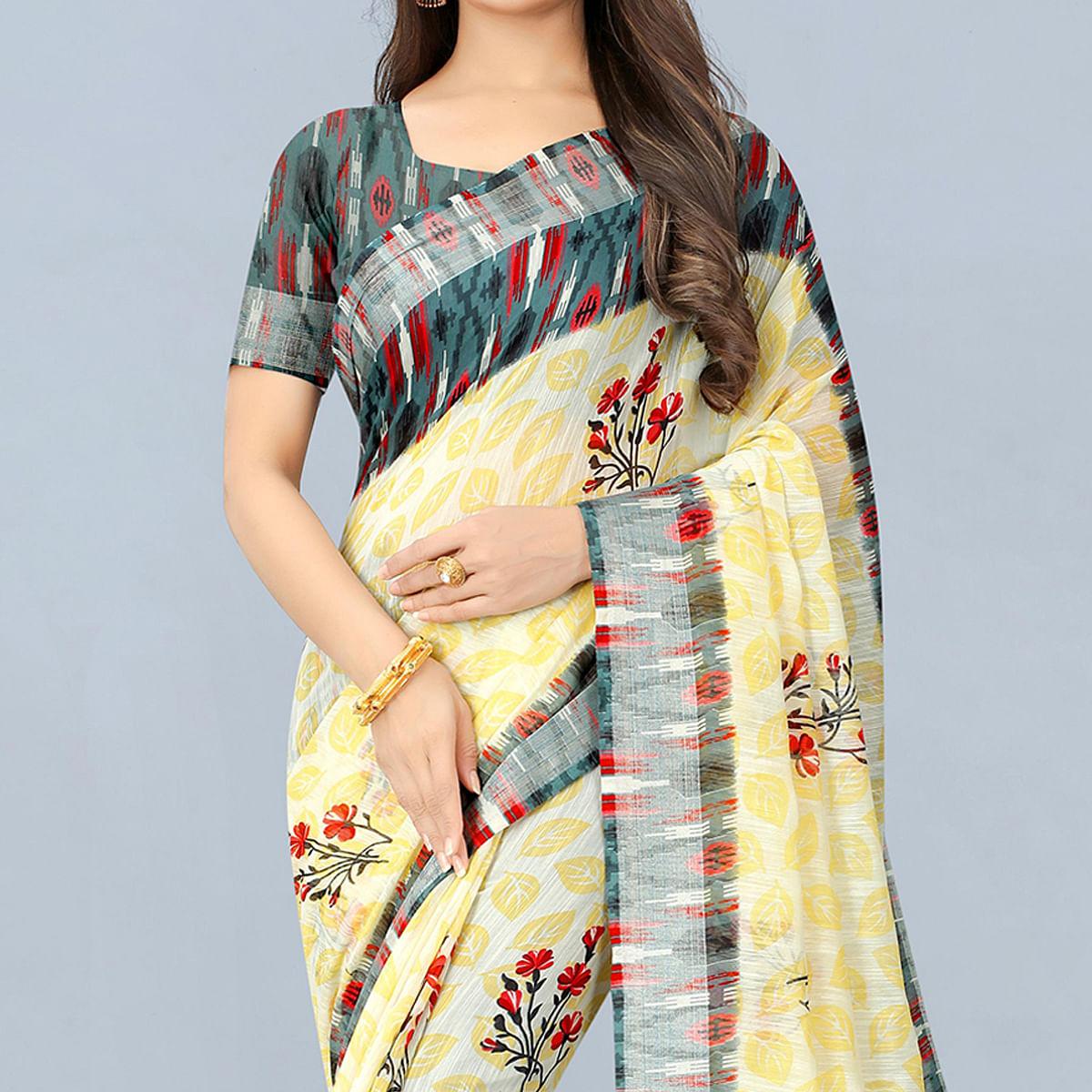Cream Casual  Wear Printed Chanderi Silk Saree