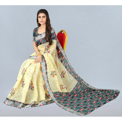 Cream Casual  Wear Printed Chanderi Silk Saree