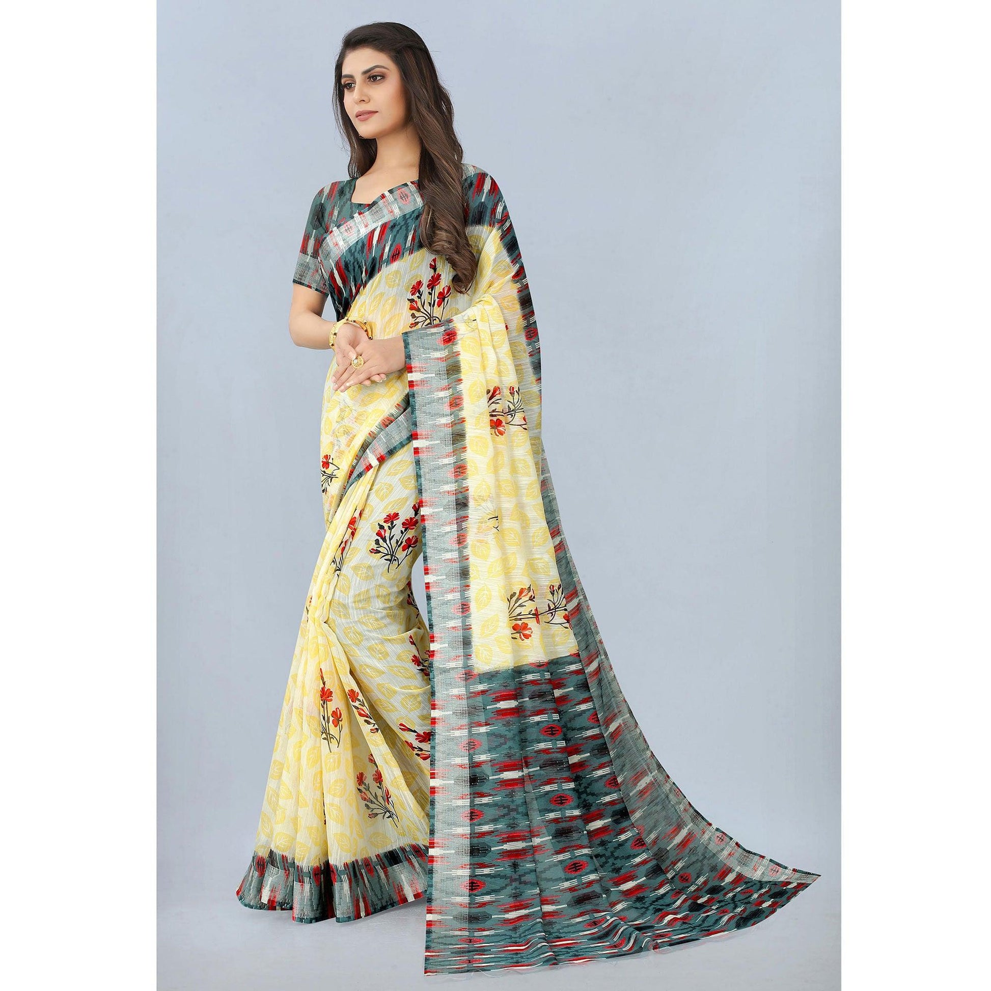 Cream Casual  Wear Printed Chanderi Silk Saree