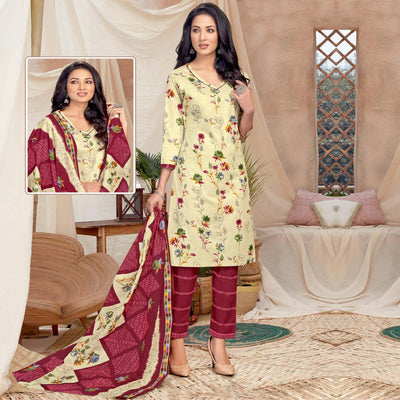 Cream Casual Wear Printed Cotton Dress Material