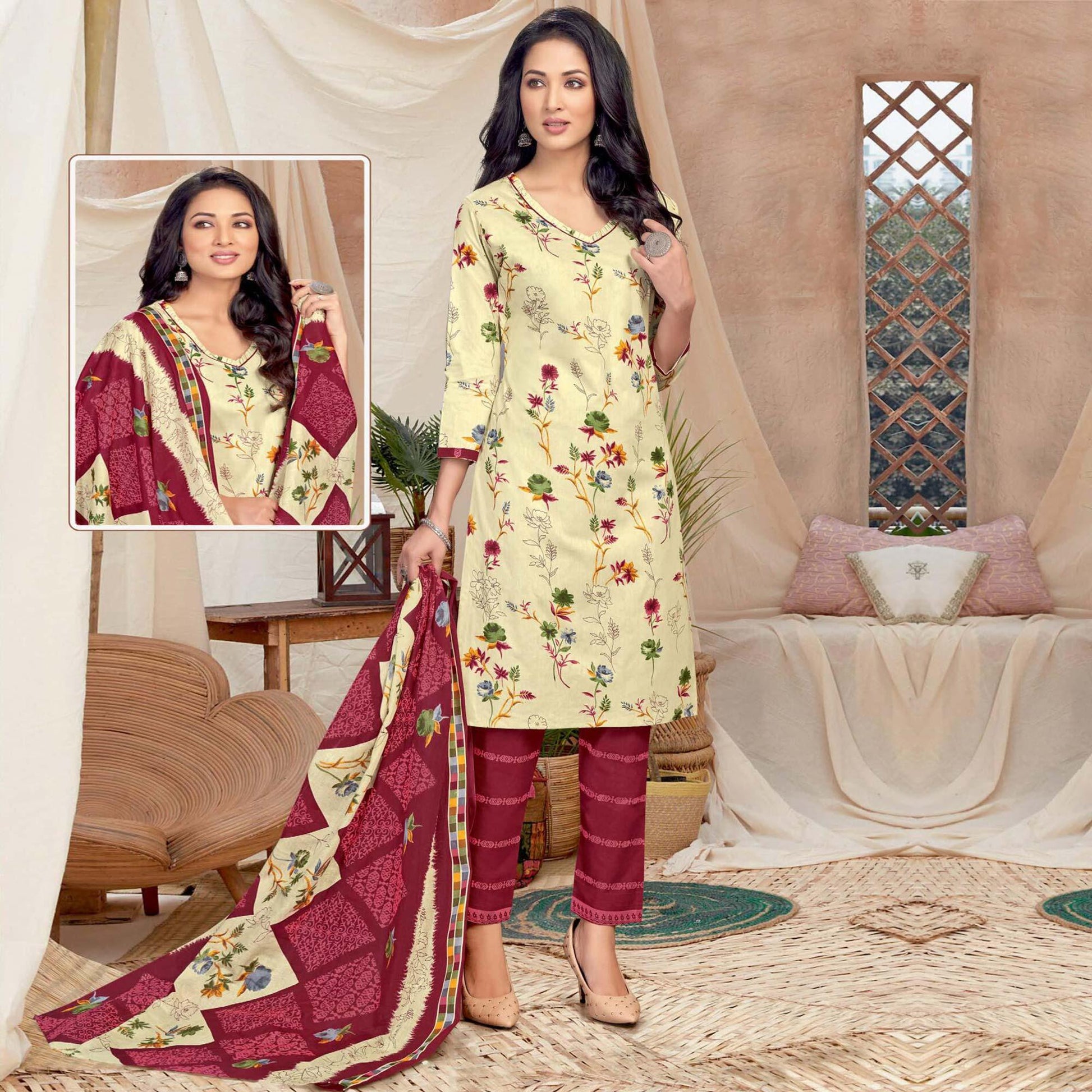Cream Casual Wear Printed Cotton Dress Material