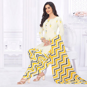 Cream Casual Wear Printed Cotton Dress Material