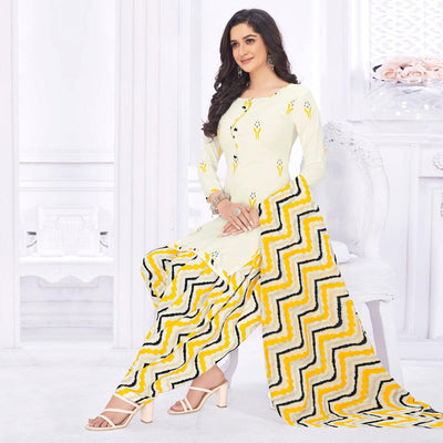 Cream Casual Wear Printed Cotton Dress Material