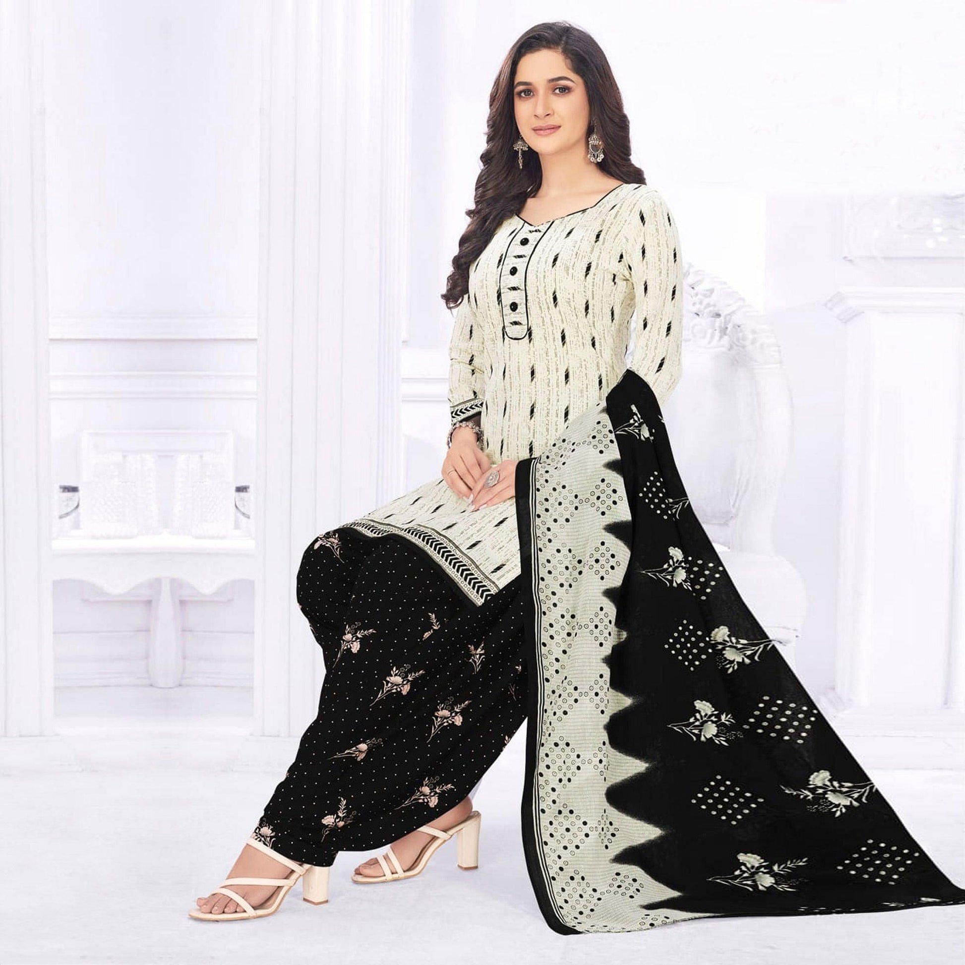 Cream Casual Wear Printed Cotton Dress Material