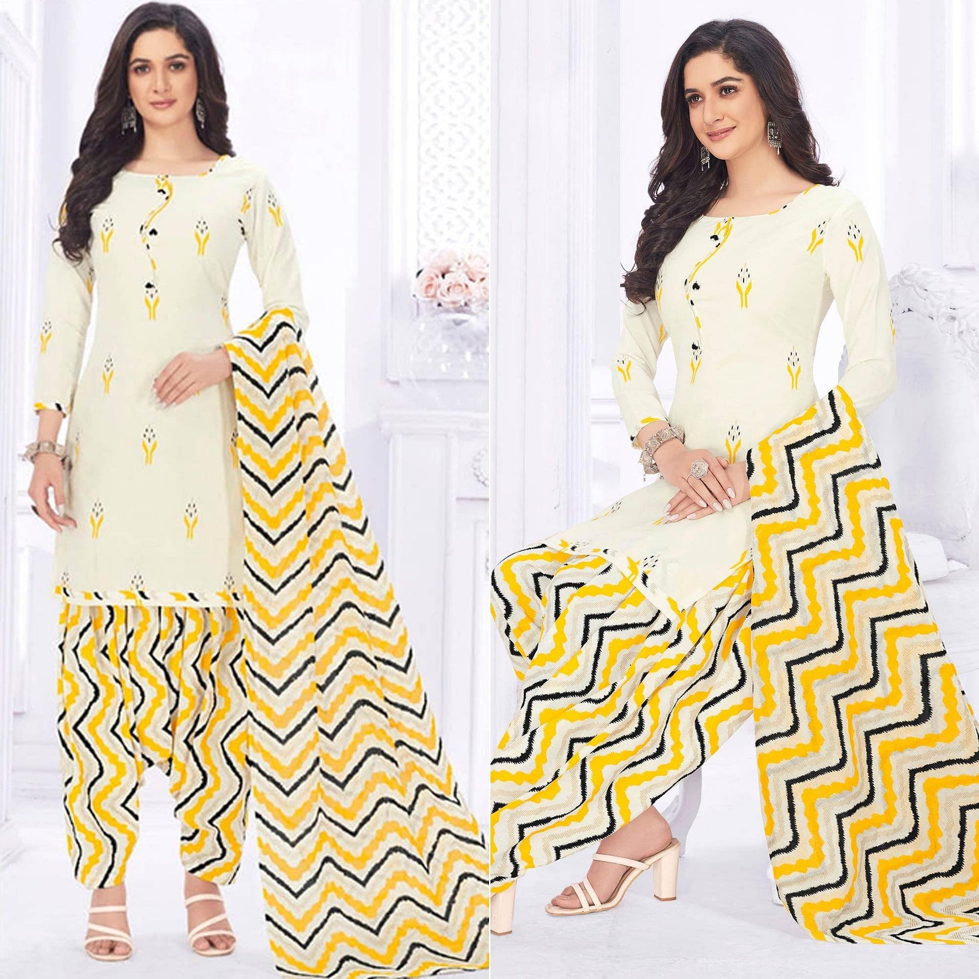 Cream Casual Wear Printed Cotton Dress Material