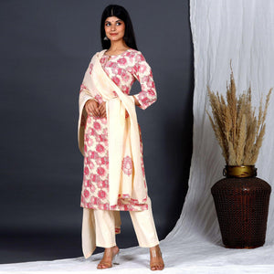 Cream Casual Wear Printed Cotton Kurti - Pant Set With Dupatta