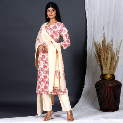 Cream Casual Wear Printed Cotton Kurti - Pant Set With Dupatta