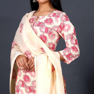 Cream Casual Wear Printed Cotton Kurti - Pant Set With Dupatta