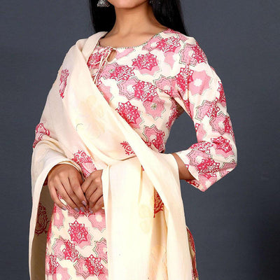 Cream Casual Wear Printed Cotton Kurti - Pant Set With Dupatta
