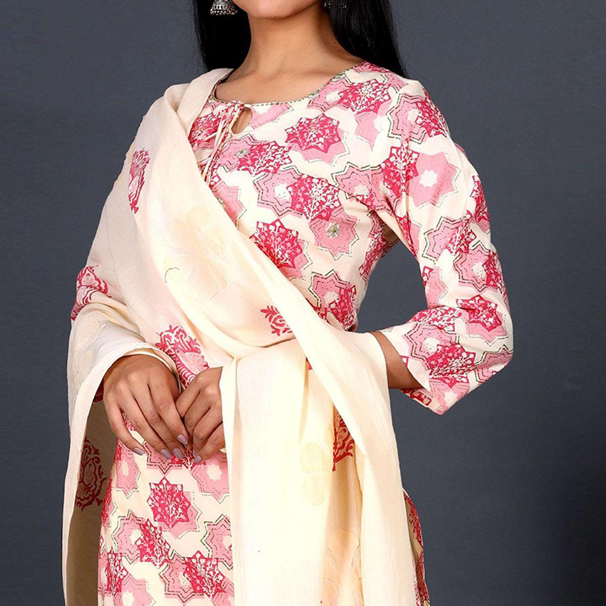 Cream Casual Wear Printed Cotton Kurti - Pant Set With Dupatta