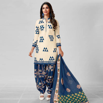 Cream Casual Wear Printed Cotton Patiala Dress Material