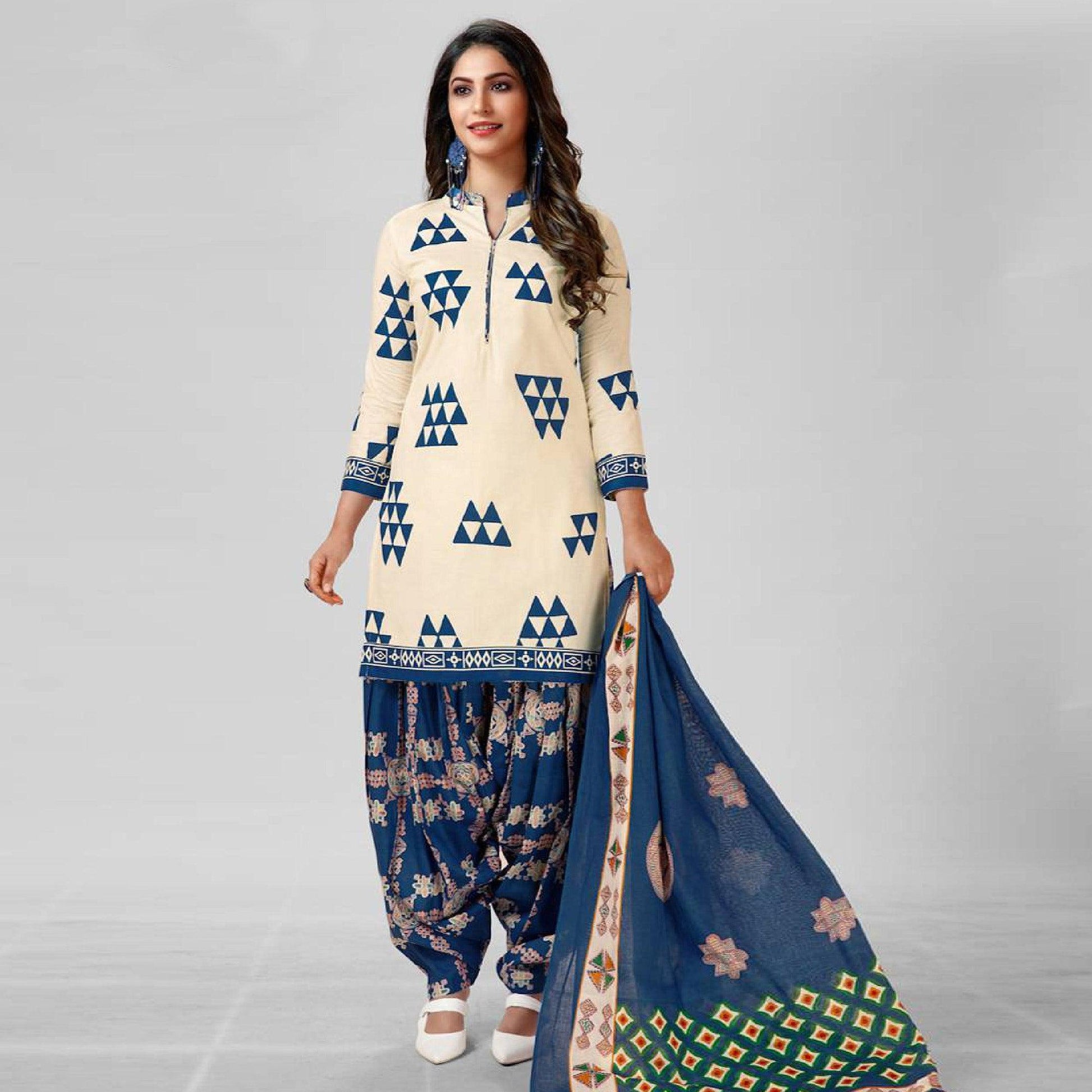 Cream Casual Wear Printed Cotton Patiala Dress Material