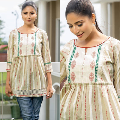 Cream Casual Wear Printed Cotton Top