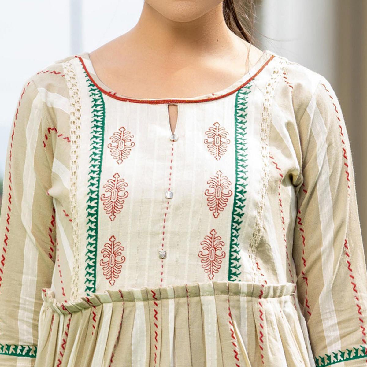 Cream Casual Wear Printed Cotton Top