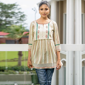 Cream Casual Wear Printed Cotton Top