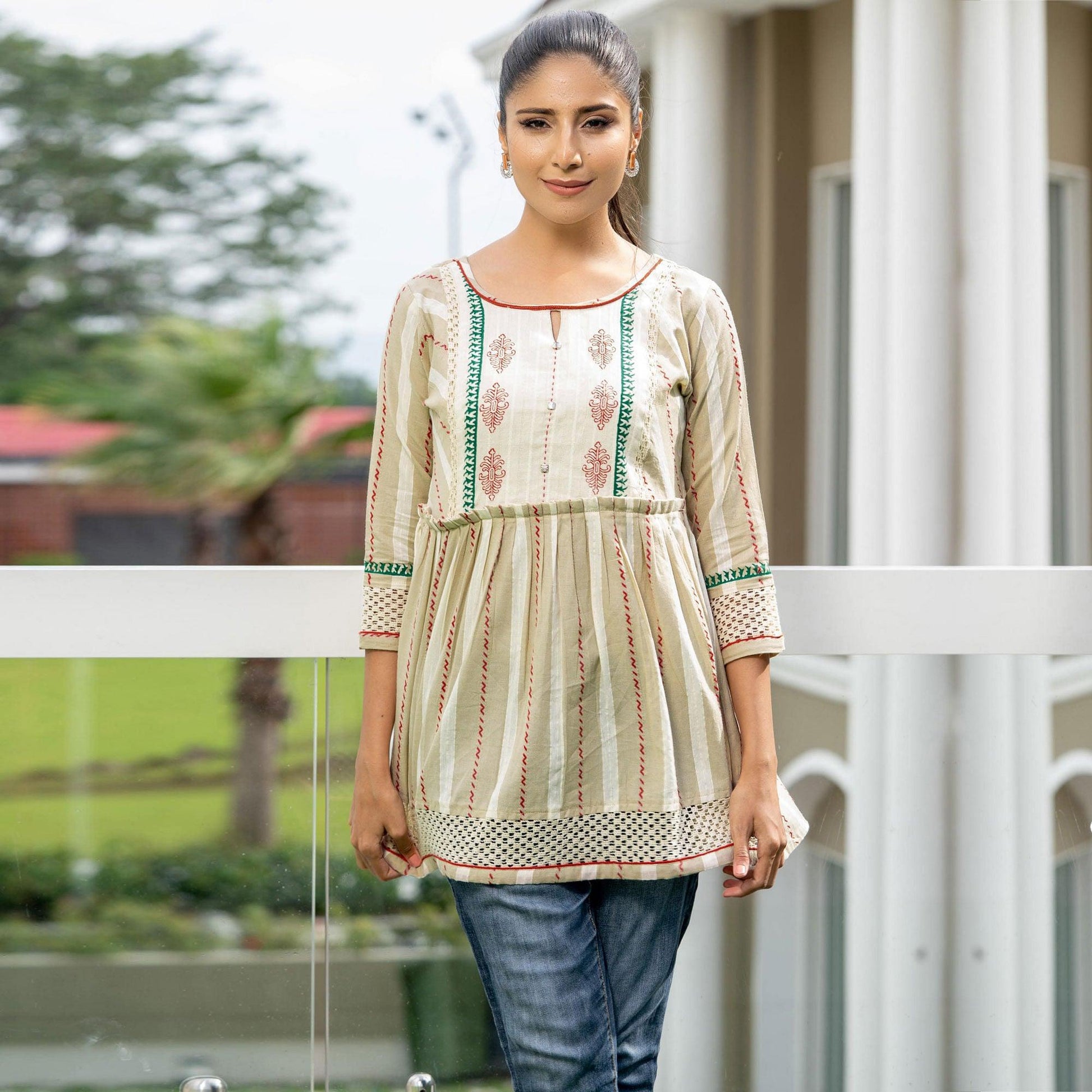 Cream Casual Wear Printed Cotton Top
