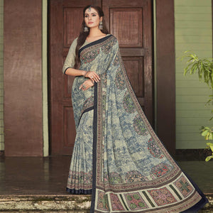 Cream Casual Wear Printed Crepe Saree