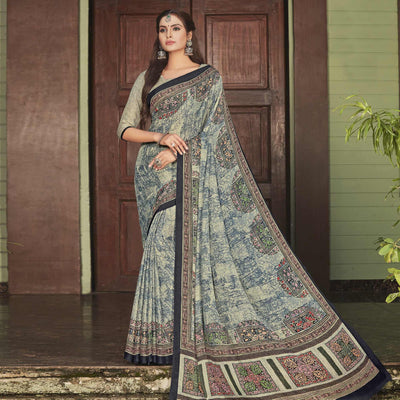 Cream Casual Wear Printed Crepe Saree
