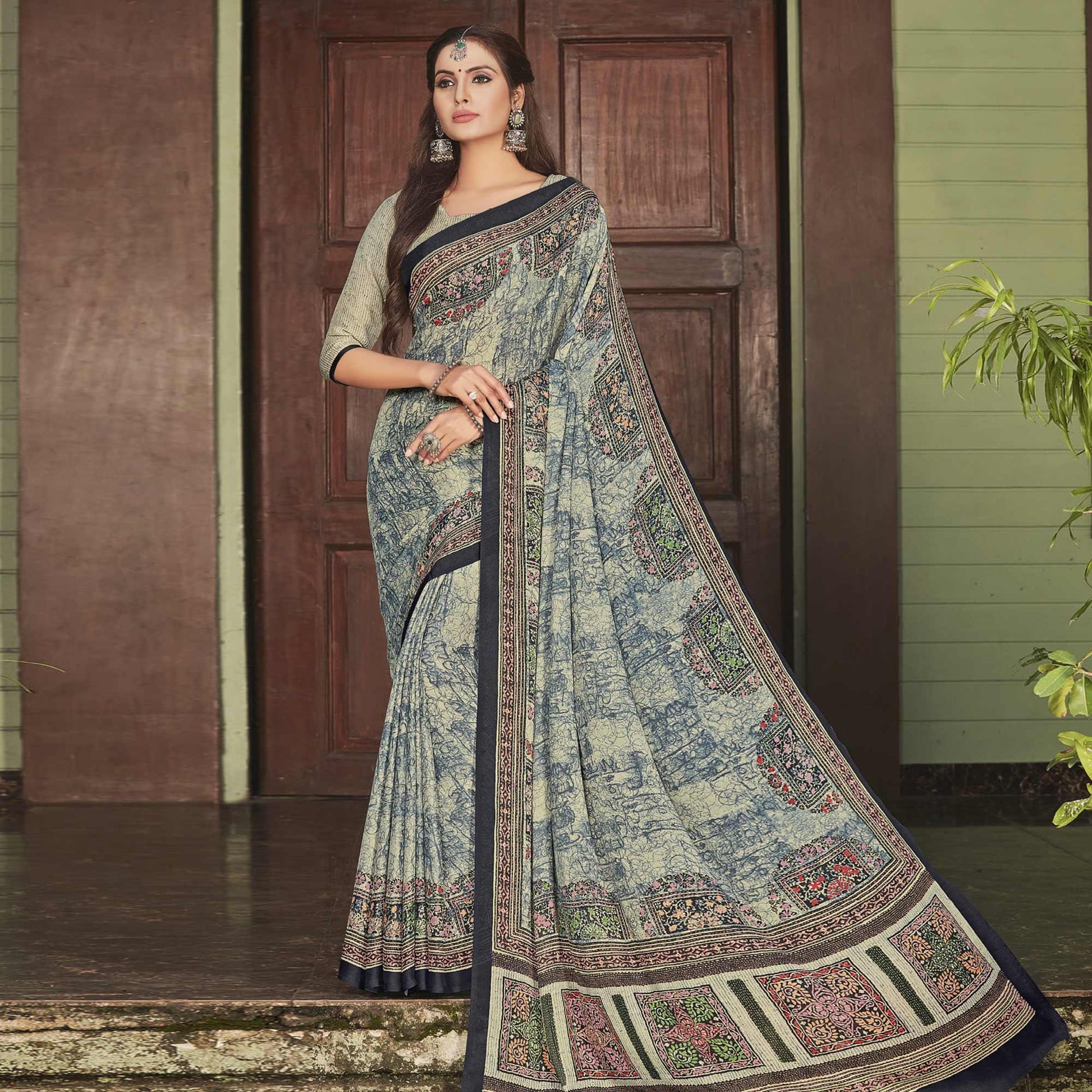 Cream Casual Wear Printed Crepe Saree