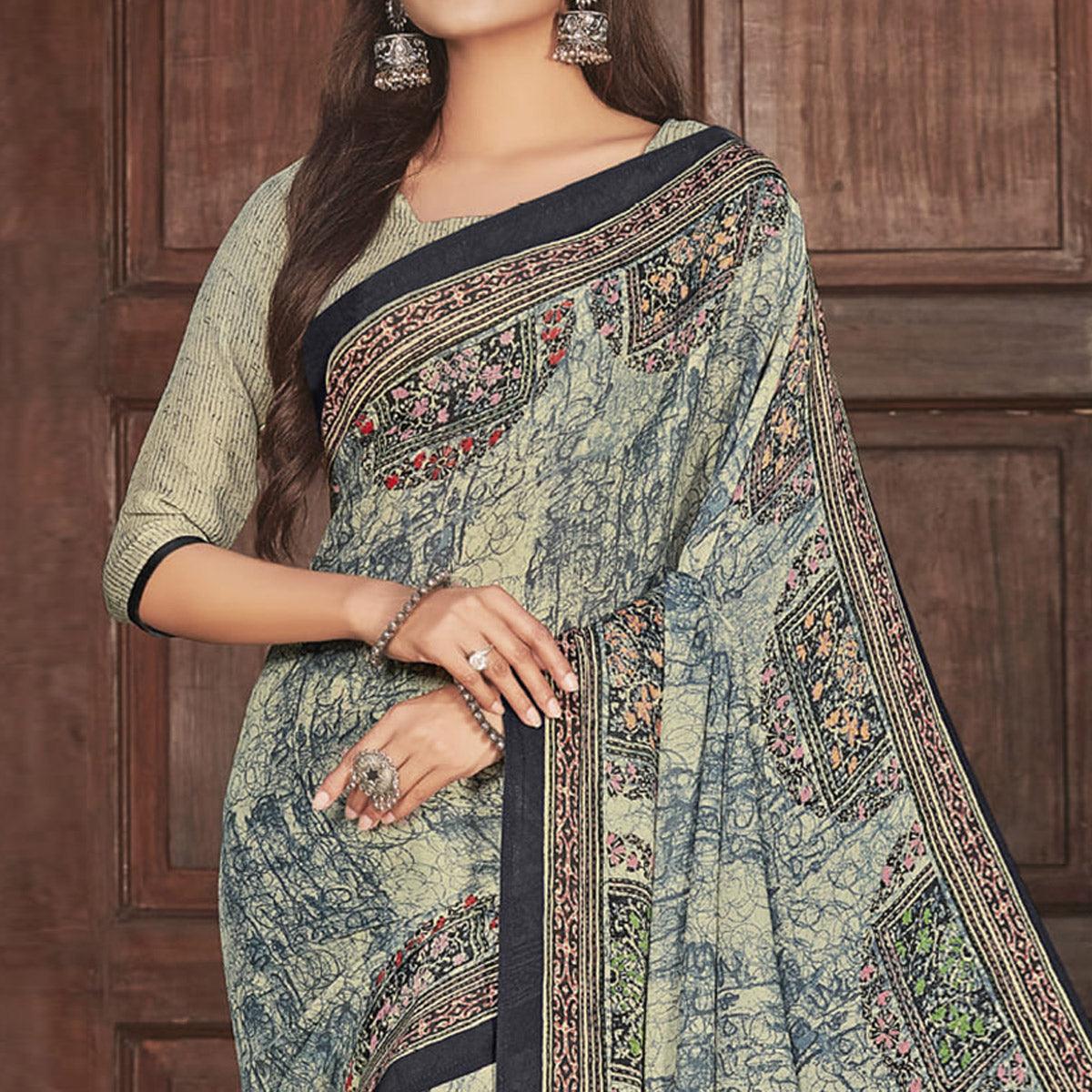 Cream Casual Wear Printed Crepe Saree