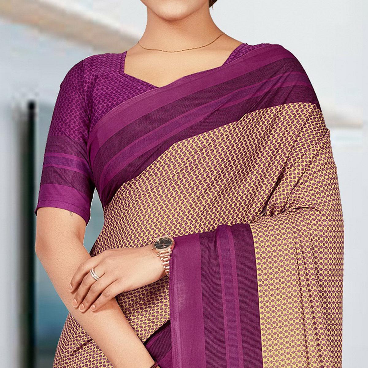 Cream Casual Wear Printed Crepe Saree