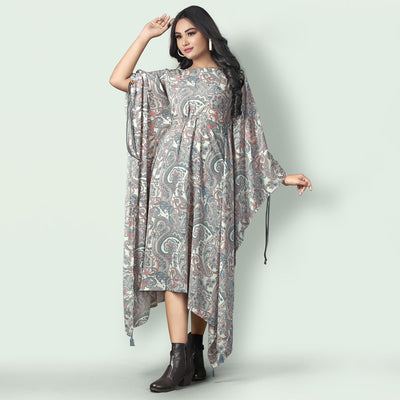Cream Casual Wear Printed Georgette Kaftan Kurti