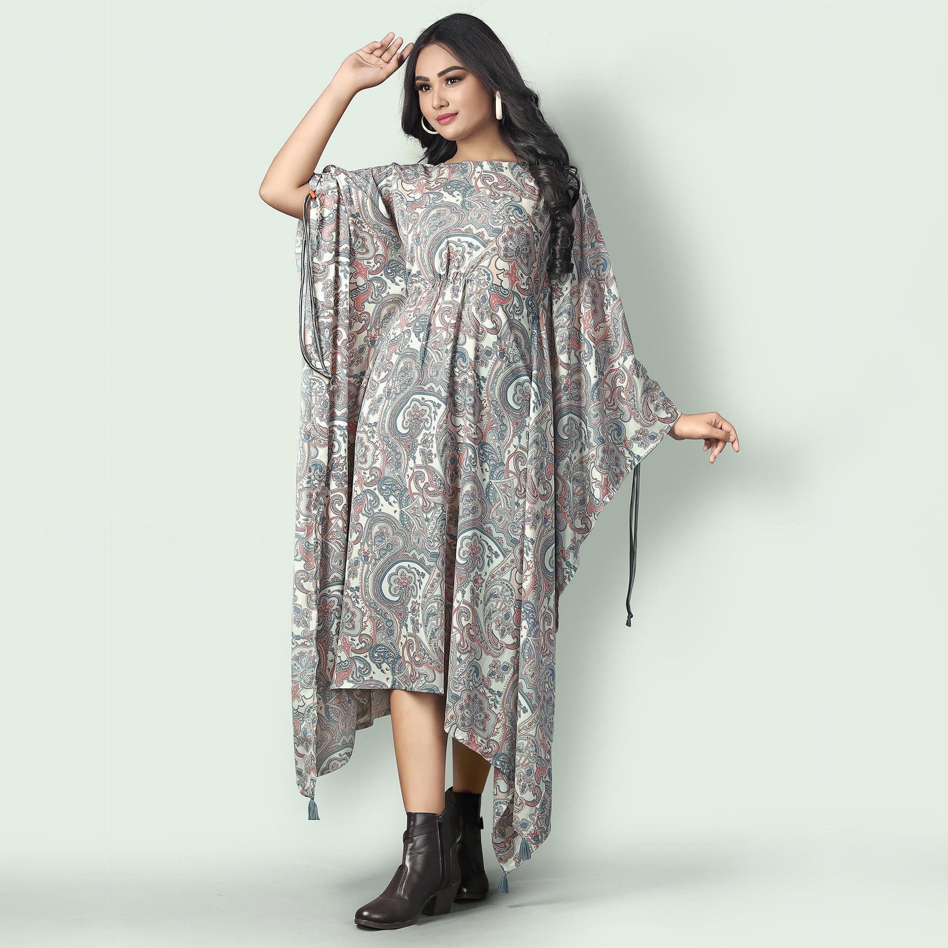 Cream Casual Wear Printed Georgette Kaftan Kurti