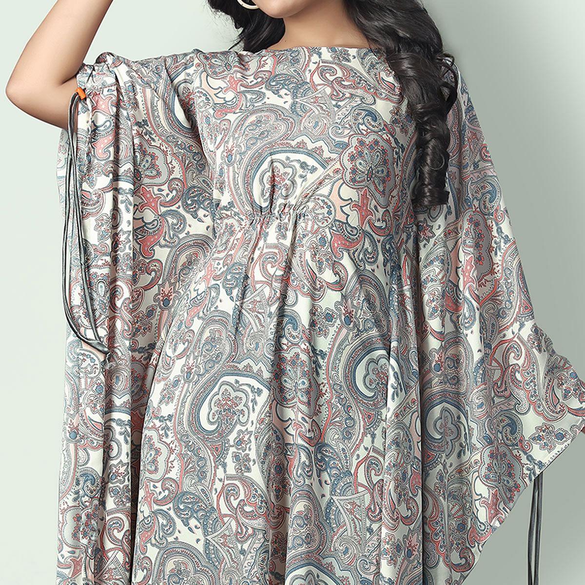 Cream Casual Wear Printed Georgette Kaftan Kurti