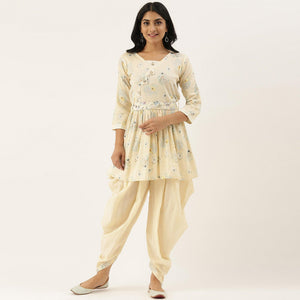 Cream Casual Wear Printed Pure Cotton Kurti With Dhoti Set