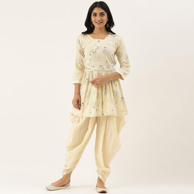 Cream Casual Wear Printed Pure Cotton Kurti With Dhoti Set