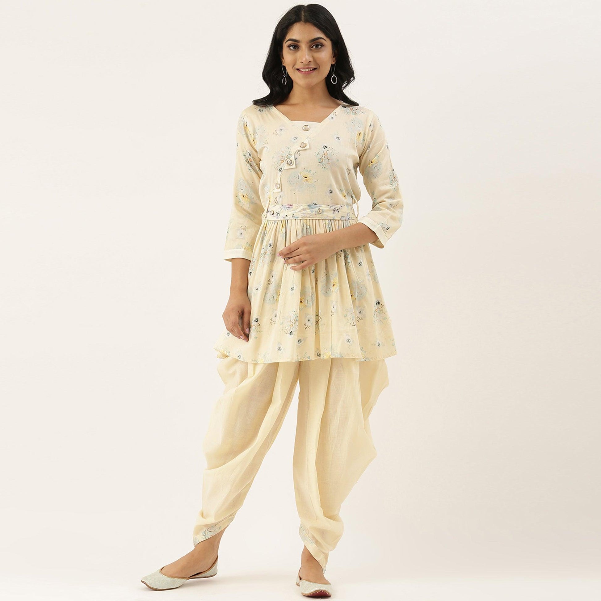 Cream Casual Wear Printed Pure Cotton Kurti With Dhoti Set