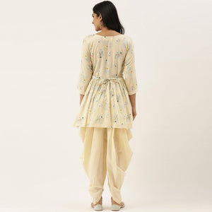 Cream Casual Wear Printed Pure Cotton Kurti With Dhoti Set