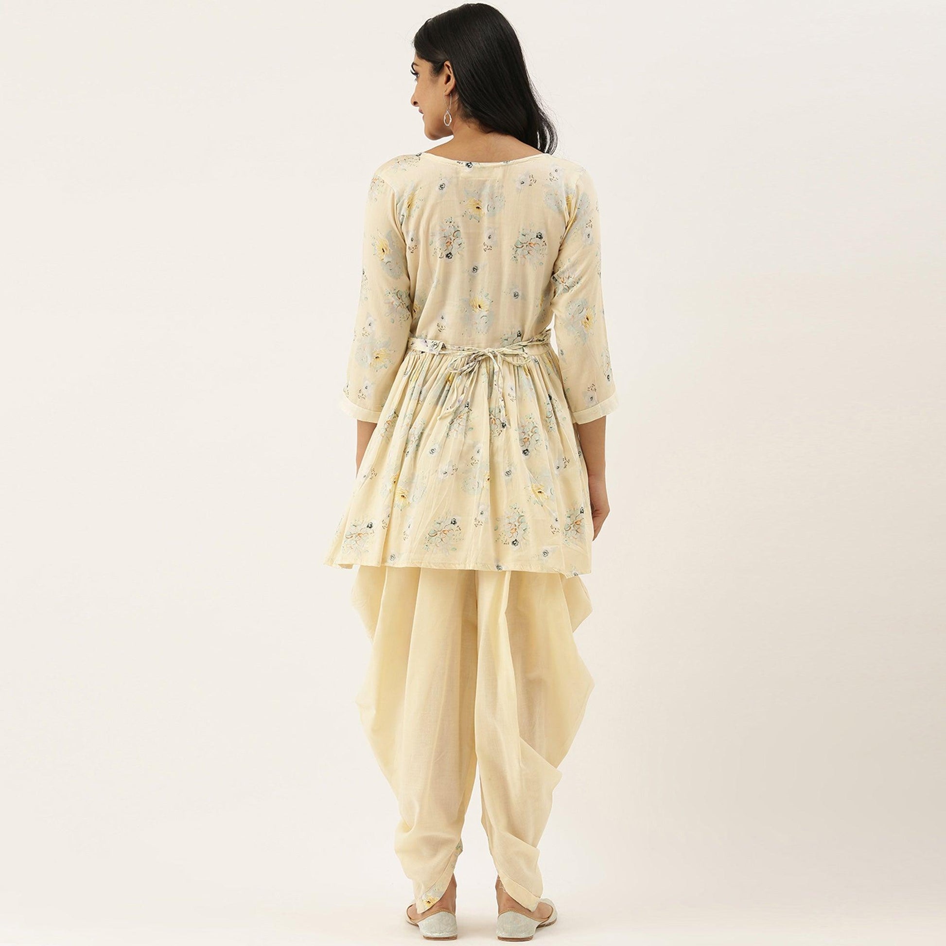 Cream Casual Wear Printed Pure Cotton Kurti With Dhoti Set