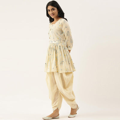Cream Casual Wear Printed Pure Cotton Kurti With Dhoti Set