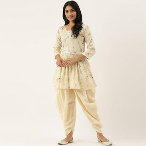 Cream Casual Wear Printed Pure Cotton Kurti With Dhoti Set