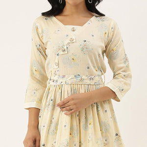Cream Casual Wear Printed Pure Cotton Kurti With Dhoti Set