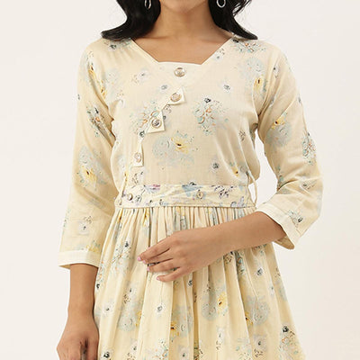 Cream Casual Wear Printed Pure Cotton Kurti With Dhoti Set