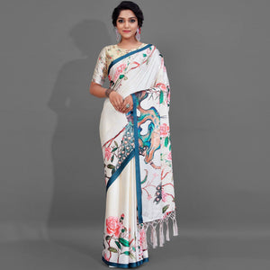 Cream Casual Wear Printed Satin Silk Saree