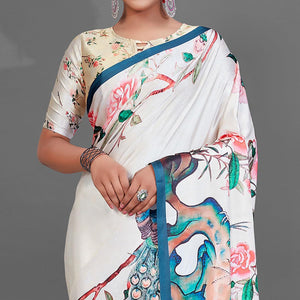 Cream Casual Wear Printed Satin Silk Saree